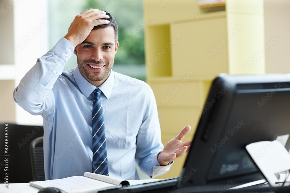 Poster business man, computer and happy for online solution, report or results with accounting deadline. wo