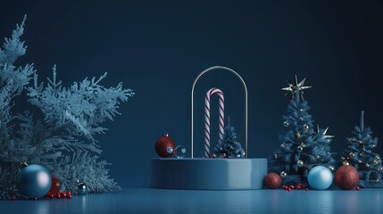 A candy cane inside a glass cage displayed with few sparkling baubles, a star and trees, Blank space on the white podium to show your product Blue podium on blue background