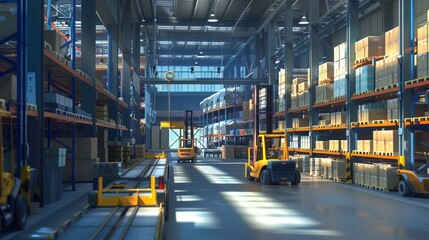 Fototapeta premium Large Industrial Warehouse Interior With Shelves, Forklifts, And Cargo Boxes Under Sunlight Inside Modern Logistic Storage Facility