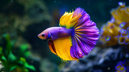 Brightly colored purple and yellow rosetail fighting fish swim lively.