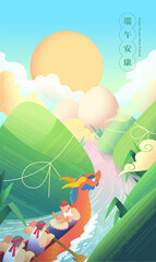 Dragon boat race on turbulent river with zongzi mountains landscape. Text: Healthy Duanwu Festival