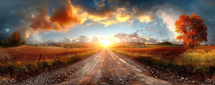 A long, dusty road leads towards a bright sun setting over a field.