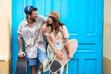 Couple goals. Simple living. Freedom as lifestyle. Young couple enjoying outdoor and sunset. Having fun on nice weather. Man and woman, hipsters, generation Z with cool attitude.