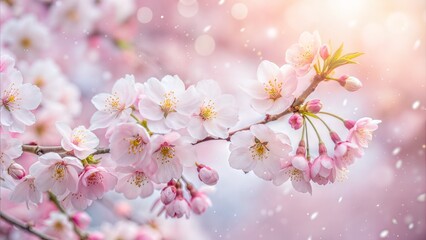 Obraz premium Snowy Blossom Blur: A soft white and pink blurred background that evokes the delicate beauty of blossoms covered in snow. 