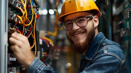 Cheerful Electrical Technician Inspecting Wiring and Machinery in Industrial Workspace