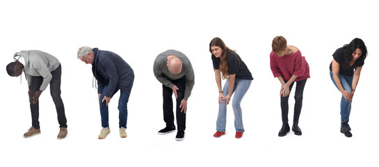 group of people showing knee pain on white background