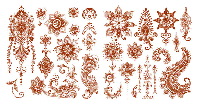 Henna tattoos ink sketch vector set. Flowers leafs stems ornamental pattern skin brown temporary paintings, illustrations isolated on white background