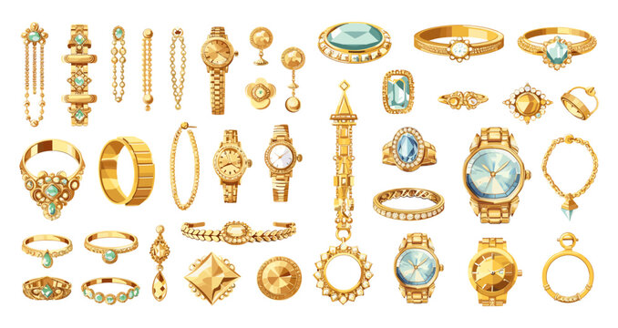Jewelry cartoon vector set. Gold earrings bracelet watch ring diamond stone necklace chain precious metals wealth accessories products, illustration isolated on white background