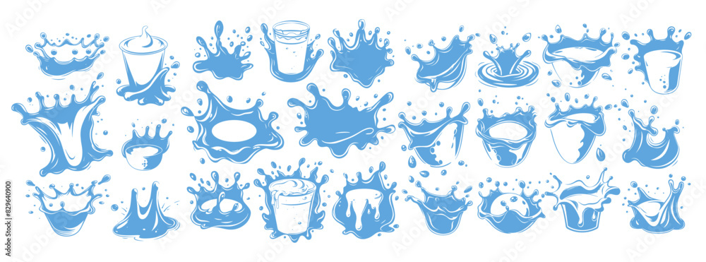 Poster milk logos ink sketch vector set. drops splashes spread liquid flow fresh yogurt cheese curd emblems