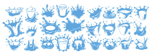 Milk logos ink sketch vector set. Drops splashes spread liquid flow fresh yogurt cheese curd emblems icons, isolated on white background