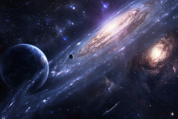 Stunning Cosmic Scene with Spiral Galaxies, Planets, and Nebulae in Deep Space