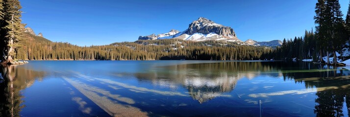 Fototapeta premium blue sky ,clean sky, coastline, panorama, aspect ratio 3:1, panoramic, mountain, snow