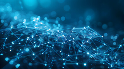 Abstract connected dots and lines on blue background. Communication and technology network concept with moving lines and dots