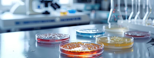 Petri dishes in the laboratory against the background of a microscope. Selective focus.