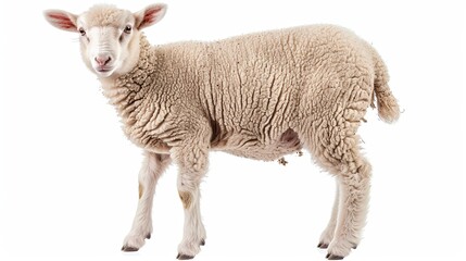 Fototapeta premium Cut out of young sheep lamb isolated on white background looking at camera. Side view full body length. Innocence and sacrifice concept .No people