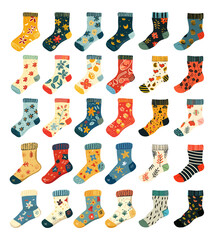 Socks cartoon vector set. Knitted patterns textile fabric wool warm stockings clothing wear accessories isolated on white background