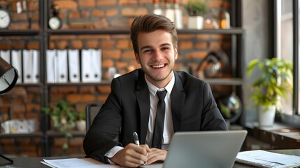 Fototapeta premium Cheerful Young Professional Working Diligently at His Desk in the Office