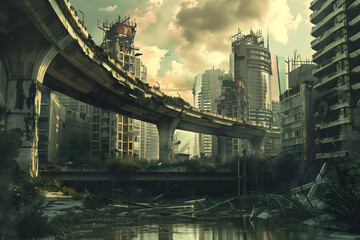 Fototapeta premium Dystopian future, destroyed architecture in a large city