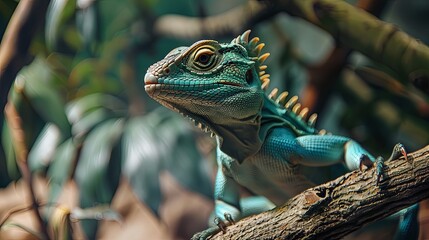 Fototapeta premium Forest dragon reptile on a branch, Gonocephalus chamaeleontinus, animal closeup