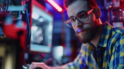 Concentrated Young Technician Engrossed in Computer Work at Desk