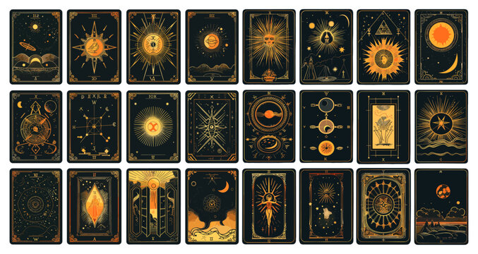 Tarot cards cartoon vector set. Sun moon stars esoteric astrology fate fortune telling occult mystical natal symbols papers, illustrations isolated on white background