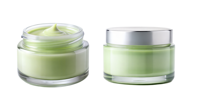 Green facial cream containers isolated on white background. Green glass cream jars 