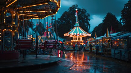 Luminescent Twilight: A Mesmerizing Carnival Ride Under Glowing Lights