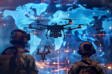 metallic drone equipped with AI technology hovering over a tactical map with highlighted targets, flanked by silhouettes of soldiers and digital overlays of military communications