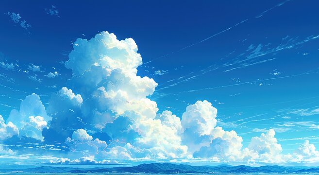 夏の空と入道雲のアニメ風イラスト