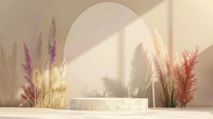 Empty wall studio room with white podium display on Rainbow pride flag backgroud, Abstract minimal studio 3D render , Stone podium display on beige background with dry pampas grass and luxury mirror f