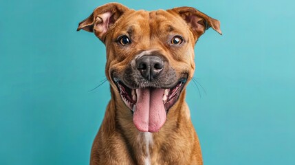studio headshot portrait of smiling mixed breed brown fawn colored dog with tongue sticking out against a turquoise background