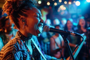 A woman passionately sings into a microphone in front of a lively crowd, captivating their...