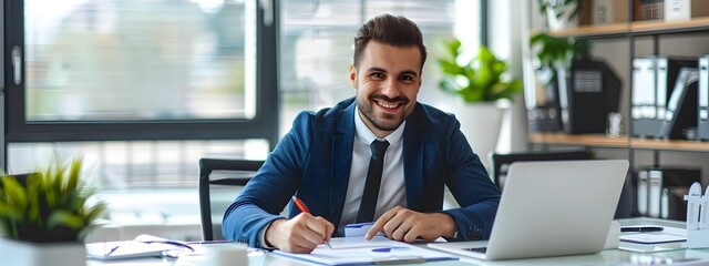 Confident Young Business Professional Working on Laptop in Office
