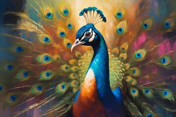 Obraz premium Colorful abstract portrait painting of a tropical exotic animal blue peacock bird, nature theme concept texture design. 