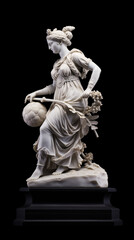 Fototapeta premium Beautiful female woman with ball in her hands white marble statue figure isolated on black background. Decorative sculpture concept.