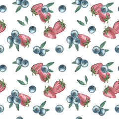 Seamless pattern with summer berries - strawberries, blackberries, blueberries. A garden berry in close-up. Watercolor illustration on a white background. Food, drinks. Template for the design