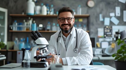 Fototapeta premium Devoted Medical Researcher Examining Samples in Modern Laboratory Workspace