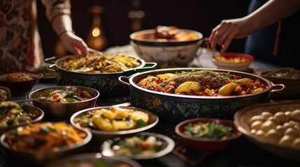 Preparing iftar meals selective focus, focus on culture, dynamic, Multilayer, kitchen backdrop