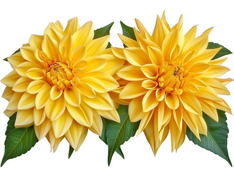 Due fiori di Dalia gialla con foglie verdi, scontornati su sfondo trasparente