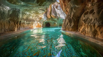 A pool with a hidden underwater cave, accessible through a narrow tunnel