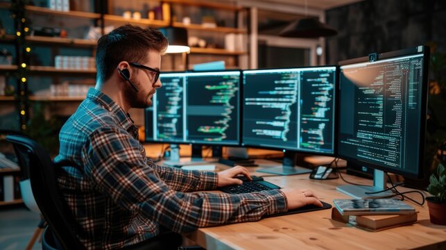 A software developer works on code late into the night, illuminated by the glow of multiple computer screens in a modern office. AIG41