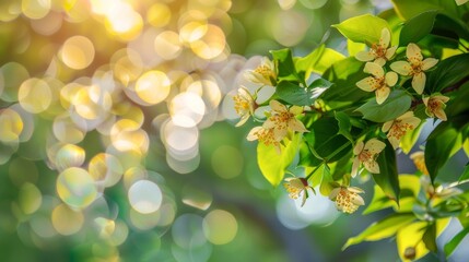 Fototapeta premium Lush Green Leaves and Delicate White Blossoms with Soft Bokeh Light in a Sunlit Garden – Perfect for Nature-Themed Designs with Ample Copy Space for Text