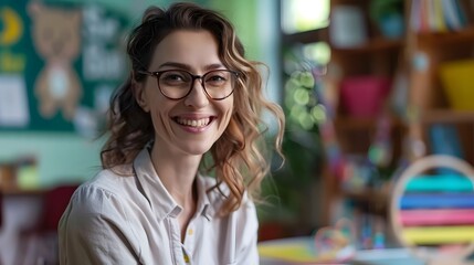 Enthusiastic Young Preschool Educator Smiling in Cheerful Classroom Setting