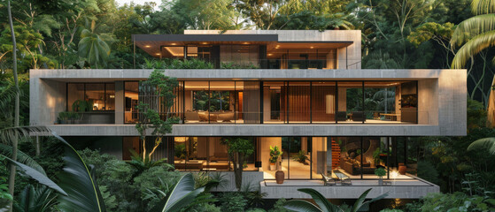 Fototapeta premium Realistic 3D rendering of modern cubic house in serene environment surrounded by lush trees.