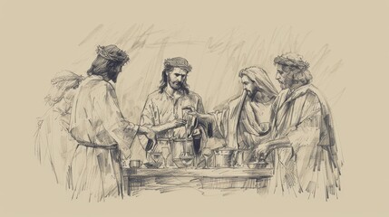 Obraz premium Biblical Illustration: Wedding Feast at Cana, Jesus Performs Miracle, Water to Wine, Guests Amazed, Beige Background, Copyspace