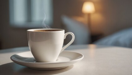 Obraz premium A hot cup of coffee on a saucer, set against a white background, casting a subtle shadow.