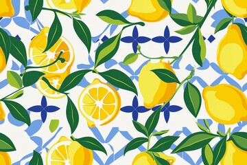 Seamless Pattern of Lemons with Santorini-Inspired Blue and White Tile,  Greece designs. Blue, white geometric patterns and floral motifs.for textiles, wallpapers, home decor. Mediterranean style.