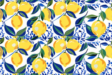 Seamless Pattern of Lemons with Santorini-Inspired Blue and White Tile,  Greece designs. Blue, white geometric patterns and floral motifs.for textiles, wallpapers, home decor. Mediterranean style.