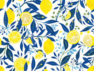 Seamless Pattern of Lemons with Santorini-Inspired Blue and White Tile,  Greece designs. Blue, white geometric patterns and floral motifs.for textiles, wallpapers, home decor. Mediterranean style.