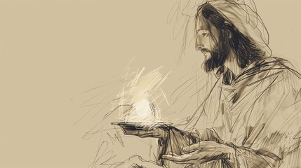 Obraz premium Biblical Illustration: Jesus as the Light of the World, Teaching, Lamp in Darkness, Beige Background, Copyspace